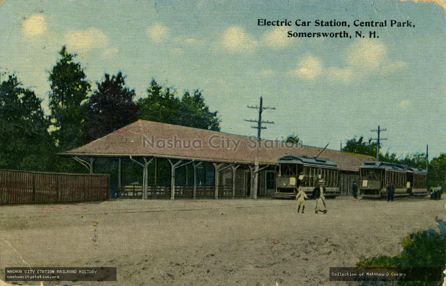Postcard: Electric Car Station, Central Park, Somersworth, New Hampshire